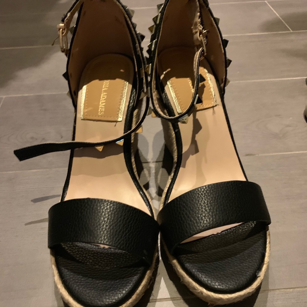 Black Leather Rockstar Studded Espadrille Wedges
